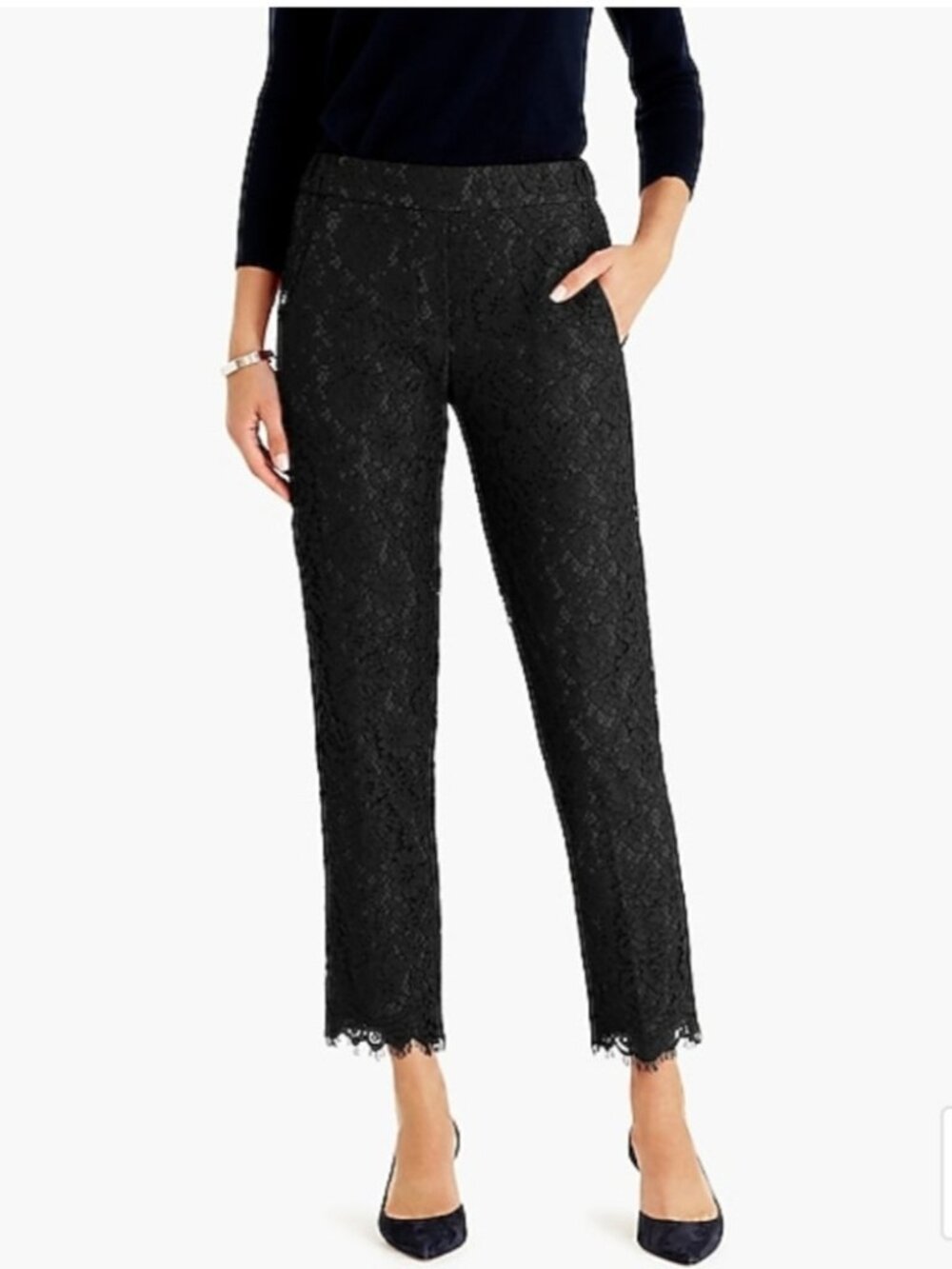 J. Crew Easy Pant in Lace Pull On Cropped Pants in Black 10